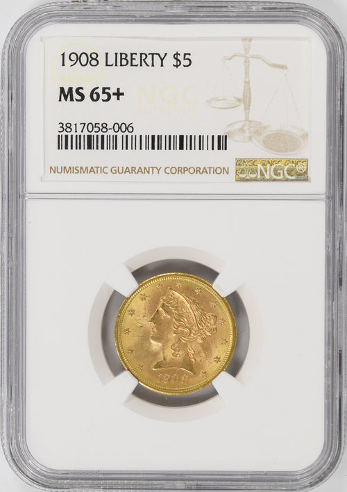 1908 $5 Gold Liberty NGC MS65+