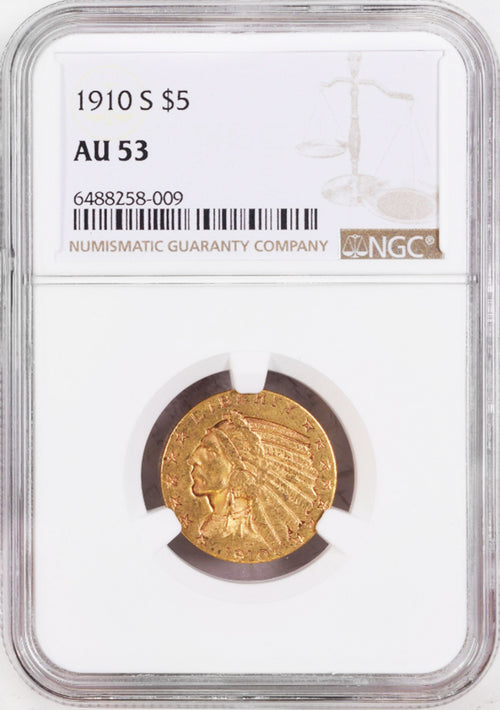1910-S $5 Gold Indian NGC AU53