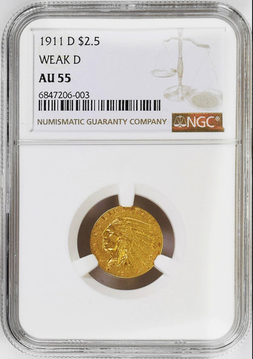 1911-D Weak "D" $2.5 Gold Indian NGC AU55