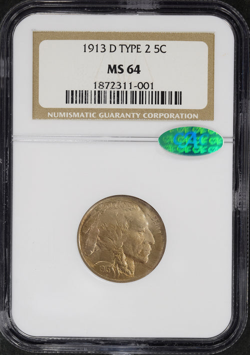 1913-D 5C Type 2 Buffalo NGC MS64 CAC