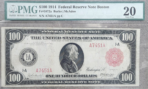 Series 1914 $100 Federal Reserve Note Boston Fr. 1072a PMG 20 VF