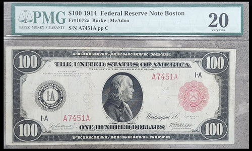 Series 1914 $100 Federal Reserve Note Boston Fr. 1072a PMG 20 VF