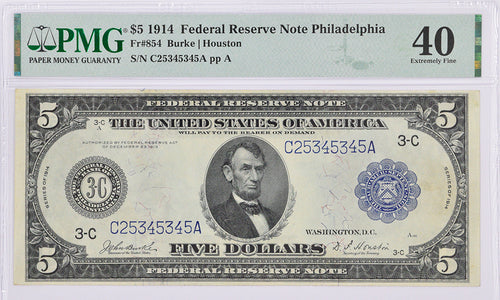 Series 1914 $5 Federal Reserve Note Philadelphia Fr. 854 PMG EF40