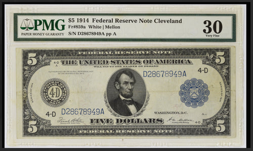 Series 1914 $5 Federal Reserve Note Cleveland Fr.859a PMG VF30