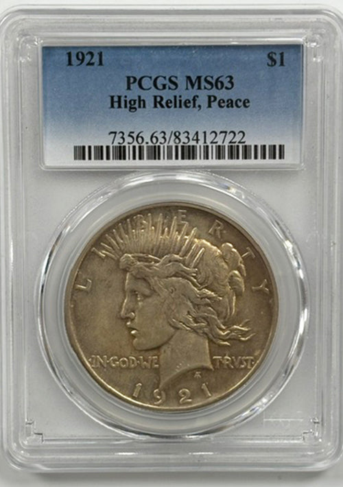 1921 $1 PCGS MS63 High Relief, Peace