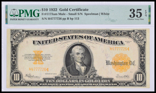 Series 1922 $10 Gold Certificate Fr. 1173am Mule - Small S/N PMG Choice VF35 EPQ