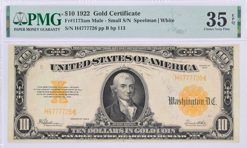 Series 1922 $10 Gold Certificate Fr. 1173am Mule - Small S/N PMG Choice VF35 EPQ