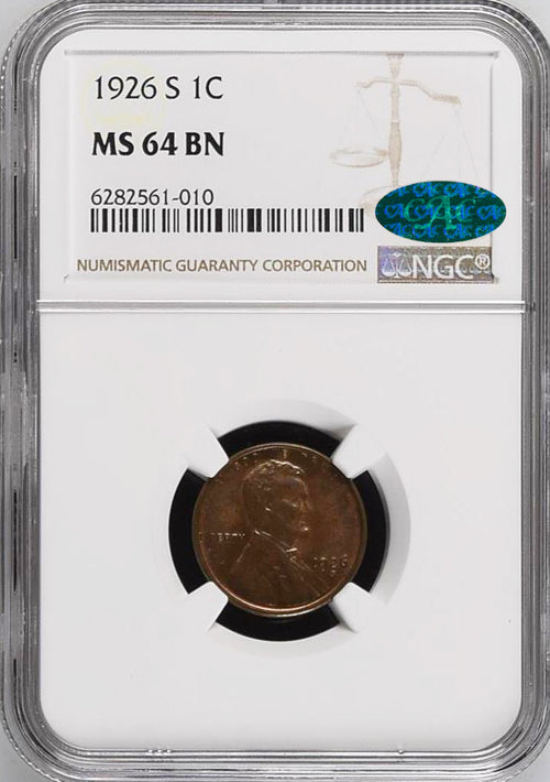 1926-S 1C Lincoln NGC MS64BN CAC