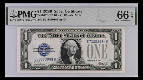 Series 1928B $1 Silver Certificate Fr. 1602 PMG 66EPQ Gem Uncirculated