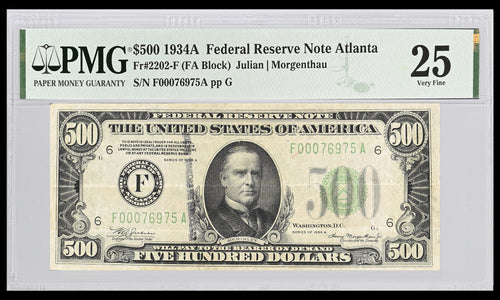 Series 1934A $500 Federal Reserve Note Atlanta Fr.2202-F PMG VF25 Ink
