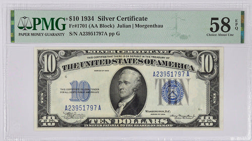 Series 1934 $10 Silver Certificate Fr. 1701 PMG 58 EPQ Choice About Unc.