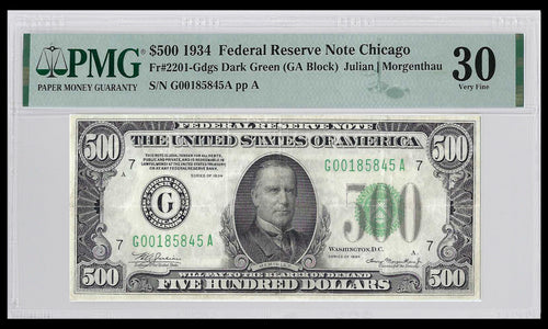 Series 1934 $500 Federal Reserve Note Chicago Fr.2201-Gdgs PMG VF30