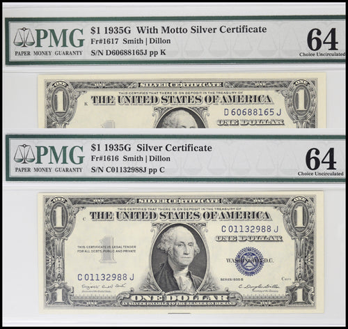 Series 1935G PAIR of $1 Silver Certificates PMG Ch.Unc.64