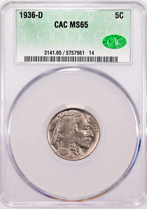 1936-D 5C Buffalo Nickel CACG MS65