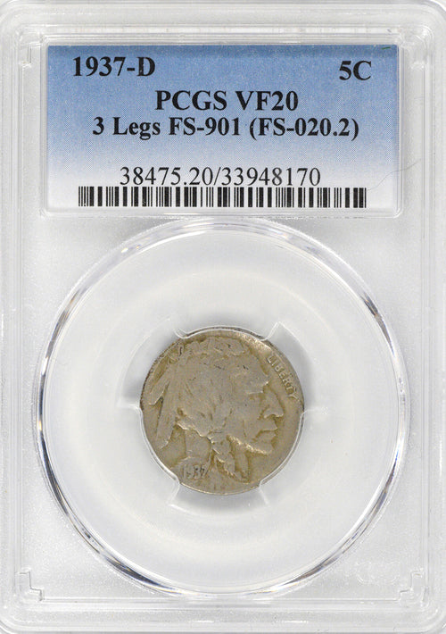 1937-D 5C 3 Legs Buffalo FS-901 PCGS VF20