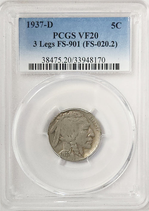 1937-D 5C 3 Legs Buffalo FS-901 PCGS VF20