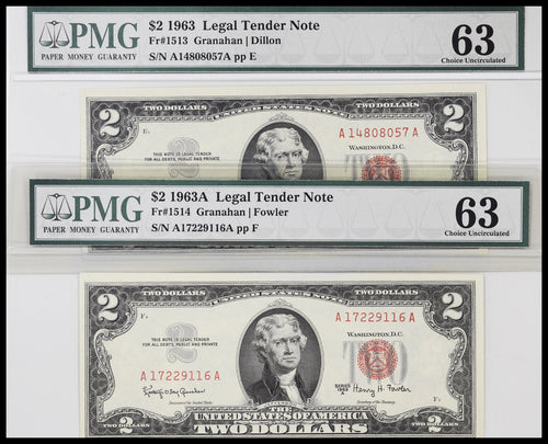 Series 1963 $2 Legal Tender Note & Series 1963A $2 LTN PMG CH.UNC.63