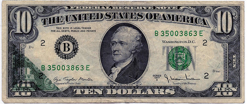 Series 1977A $10 Federal Reserve Note Uncertified VF+ Partial Offset Printing Error