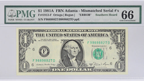Series 1981A $1 FRN Atlanta PMG 66 Gem Unc. Mismatched Serial Number Error 998/988