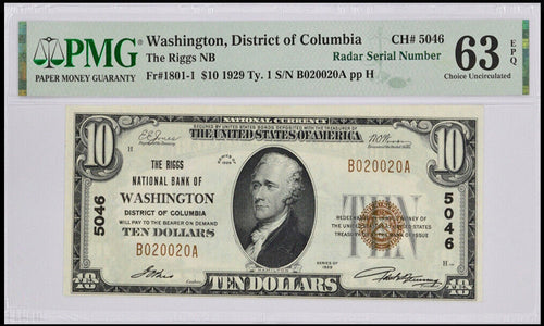 1929 $10 The Riggs NB of Washington, DC RADAR NOTE Fr. 1801-1 Ch. #5046 PMG 63EPQ