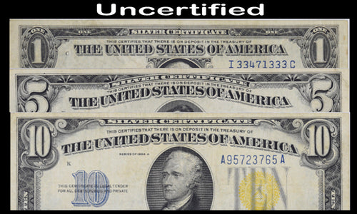 Series 1935A Set of 3 Silver Certificates $1 Fr. 2306 VF, $5 Fr. 2307 CH VF, $10 Fr. 2309 VF