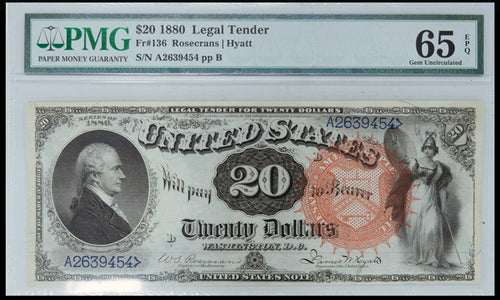 Series 1880 $20 Legal Tender Note Fr. 136 PMG Gem Uncirculated 65 EPQ