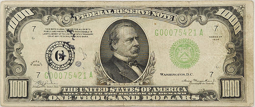Series 1934 $1000 Federal Reserve Note Fr. 2211-G Uncertified Fine