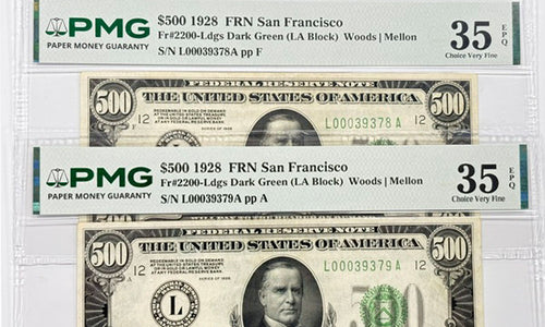 (2) Series 1928 $500 Federal Reserve Notes PMG 35 EPQ FR#2200