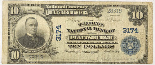 1902 $10 Merchants National Bank of Plattsburgh, New York CH. #3174 VF