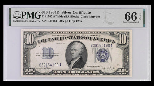 Series 1934D $10 Silver Certificate Fr. 1705W Wide PMG 66EPQ Gem Uncirculated