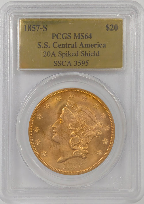 1857-S $20 Gold S.S. Central 20A Spiked Shield PCGS MS64 SSCA 3595