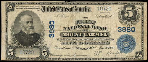1902 $5 First National Bank of Mount Carmel, Pennsylvania CH. #3980