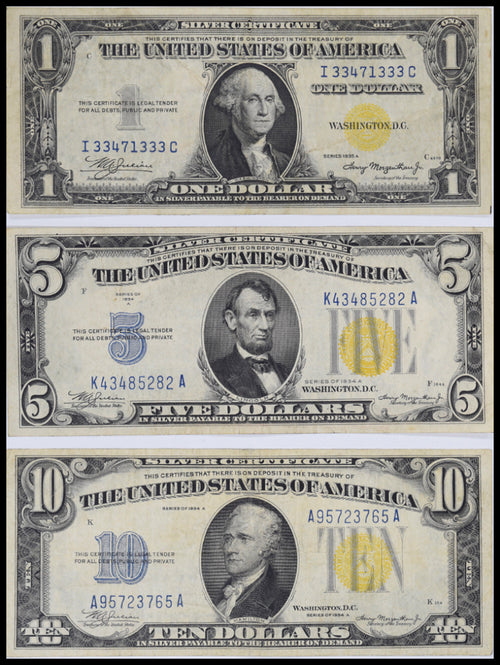 Series 1935A Set of 3 Silver Certificates $1 Fr. 2306 VF, $5 Fr. 2307 CH VF, $10 Fr. 2309 VF