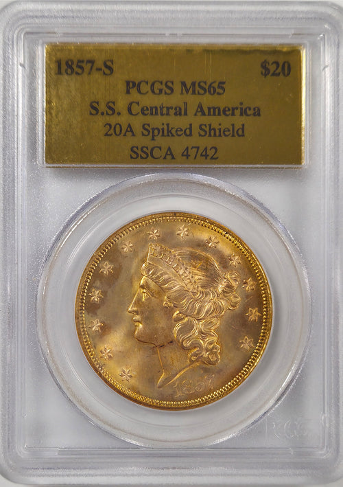 1857-S $20 Gold S.S. Central America 20A Spiked Shield PCGS MS65 SSCA 4742