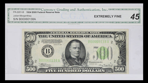 Series 1934 $500 Federal Reserve Note Fr. 2201-B C.G.A. XF45 S/N B00060138A