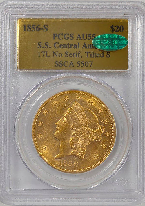 1856-S $20 Gold S.S. Central America 17L No Serif, Tilted S PCGS AU55 CAC SSCA 5507