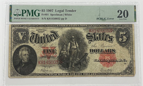 Series 1907 $5 Woodchopper Legal Tender Fr.91 PMG VF20