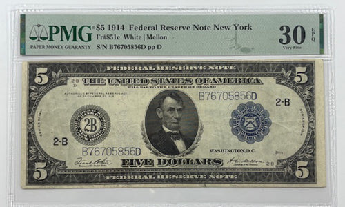 Series 1914 $5 Federal Reserve Note New York Fr.851c PMG VF30EPQ