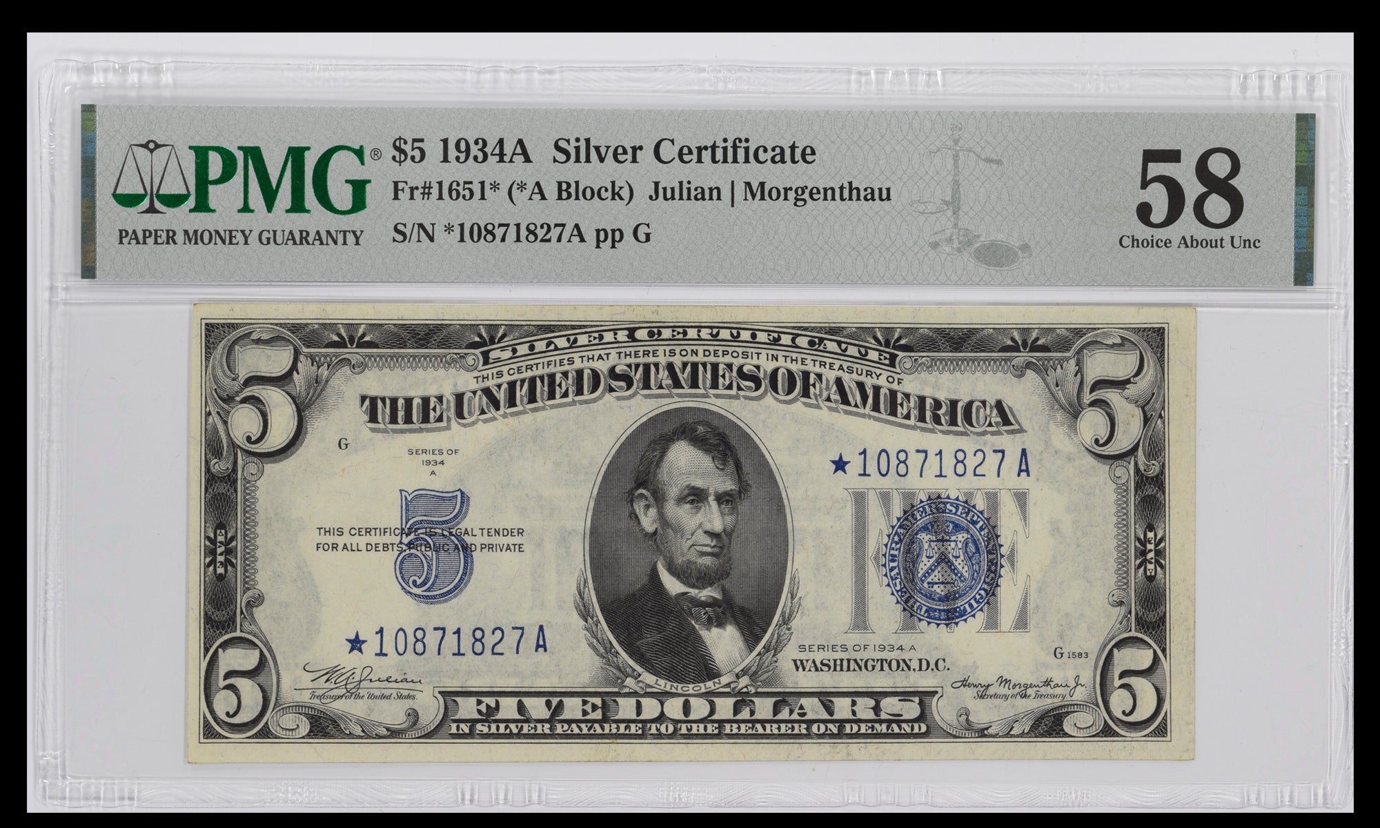 Series 1934A $5 Silver Certificate Star Note Fr.1651* PMG 58 Ch. About Unc.