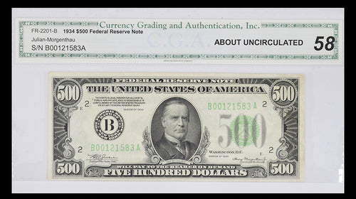 Series 1934 $500 Federal Reserve Note Fr. 2201-B C.G.A.  AU58