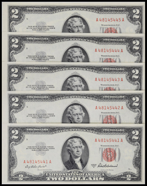 Series 1953A (5) $2 Consecutive Red Seal United States Notes Fr.1510 Uncert. Gem