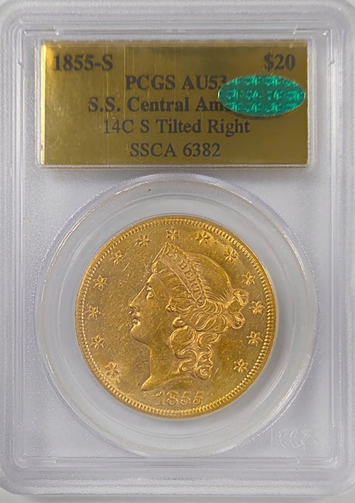 1855-S $20 Gold S.S. Central America 14C S Tilted Right PCGS AU53 CAC SSCA 6382