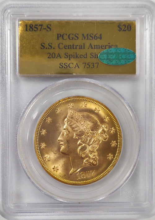 1857-S $20 Gold S.S. Central America 20A Spiked Shield PCGS MS64 CAC SSCA 7537