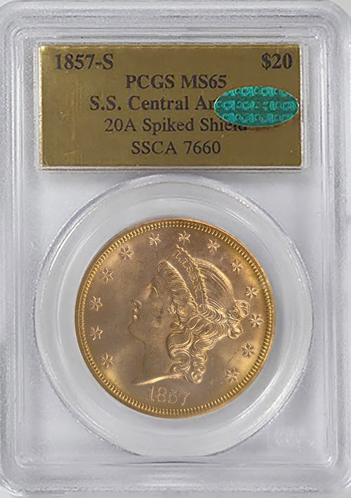 1857-S $20 Gold S.S. Central America 20A Spiked Shield PCGS MS65 CAC SSCA 7660