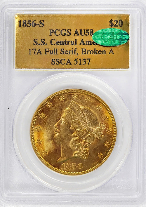 1856-S $20 Gold Liberty S.S. Central America 17A Full Serif, Broken A PCGS AU58 CAC