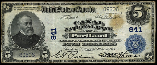 1902 $5 The Canal National Bank of Portland, Maine CH. #941 VF
