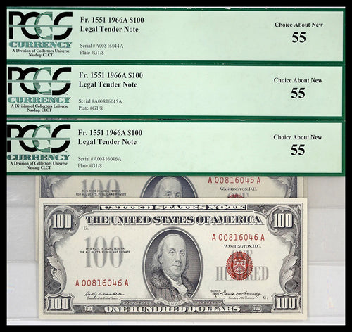 Series 1966A (3) Consecutive $100 Legal Tender Notes Fr. 1551 PCGS 55 Ch. About New