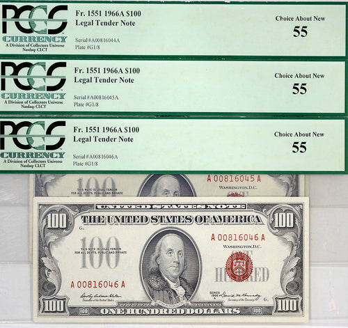 Series 1966 $100 (3) Consecutive Legal Tender Notes Fr.1551 PCGS Choice 55 About New