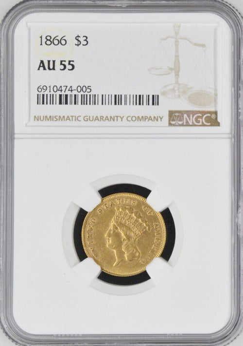 1866 $3 Gold Indian Princess NGC AU55