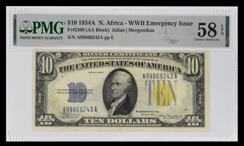 Series 1934A $10 N. Africa - WWII Emergency Issue FR.2309 PMG 58EPQ Choice About Unc.